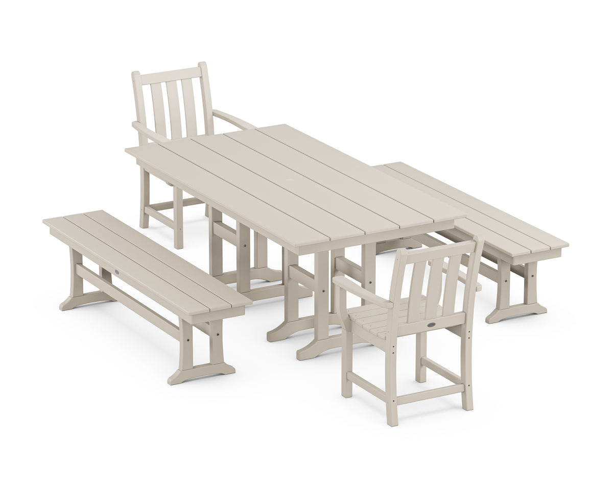 POLYWOOD Traditional Garden 5-Piece Farmhouse Dining Set with Benches in Sand