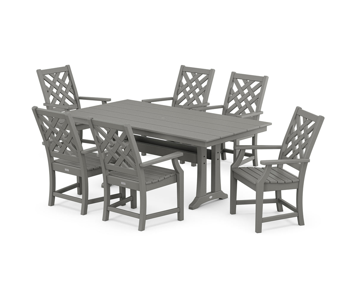 POLYWOOD Wovendale Arm Chair 7-Piece Farmhouse Dining Set with Trestle Legs in Slate Grey