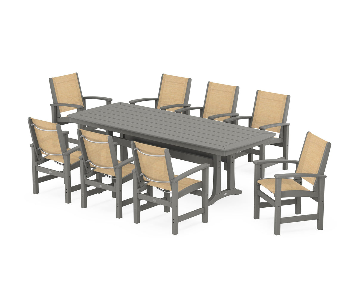 POLYWOOD Coastal 9-Piece Dining Set with Trestle Legs in Slate Grey / Dupioni Apricot