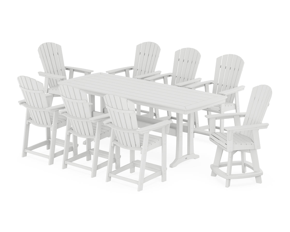 POLYWOOD Nautical Curveback Adirondack Swivel 9-Piece Counter Set with Trestle Legs in White