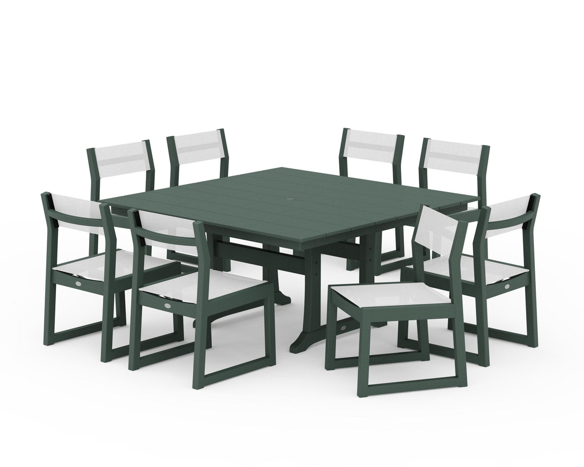 POLYWOOD EDGE Sling Side Chair 9-Piece Farmhouse Trestle Dining Set in Green / White