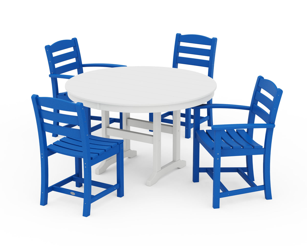 POLYWOOD La Casa Café 5-Piece Round Farmhouse Dining Set with Arm and Side Chairs in Pacific Blue / White