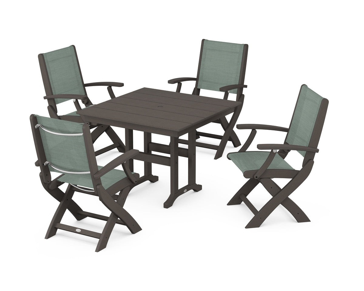 POLYWOOD Coastal Folding Chair 5-Piece Farmhouse Dining Set in Vintage Coffee / Dupioni Sea Mist