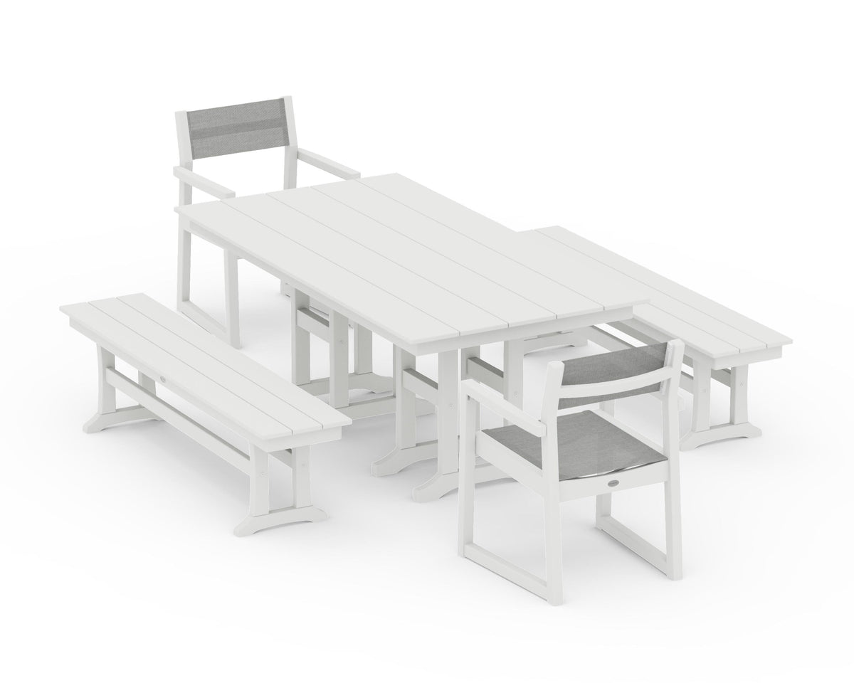 POLYWOOD EDGE Sling Arm Chair 5-Piece Farmhouse Dining Set with Benches in Vintage White / Metallic