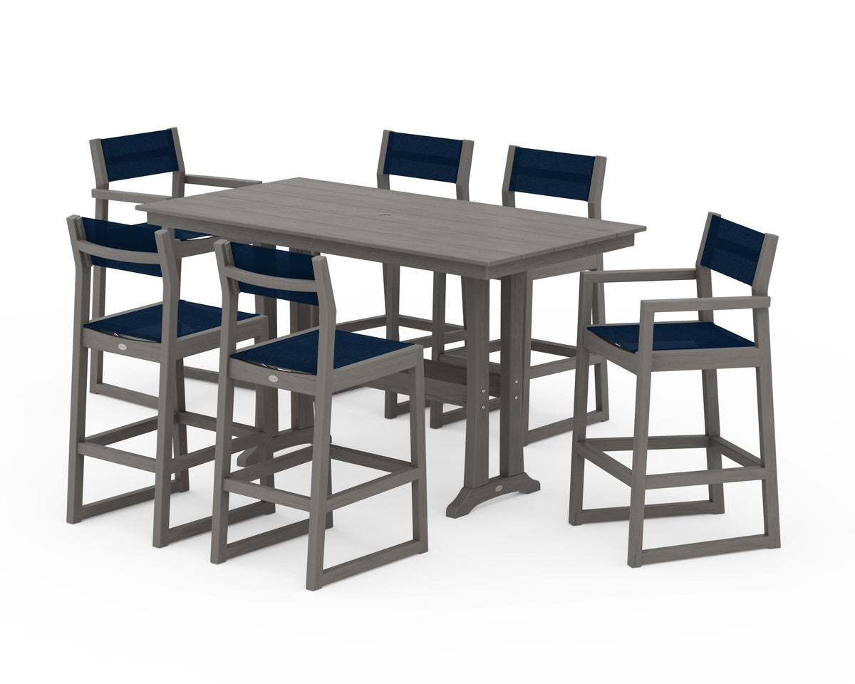 POLYWOOD EDGE Sling 7-Piece Farmhouse Bar Set with Trestle Legs in Driftwood / Navy Blue