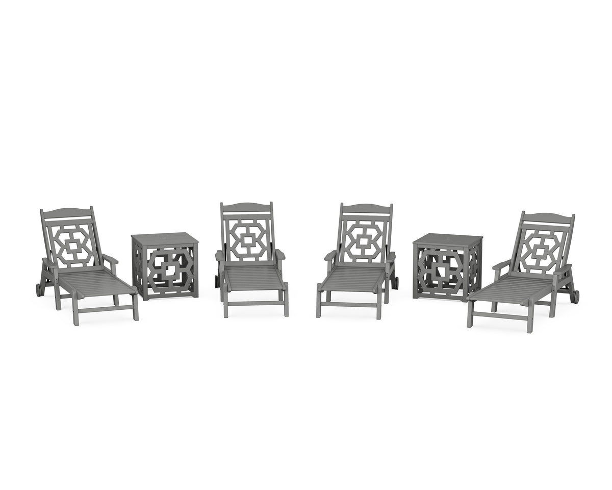 POLYWOOD Chinoiserie 6-Piece Chaise Set with Umbrella Stand Accent Table in Slate Grey
