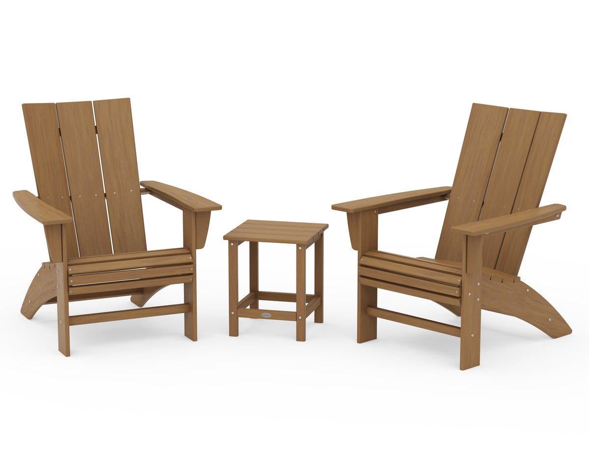 POLYWOOD Modern 3-Piece Curveback Adirondack Set With Long Island 18" Side Table in Natural