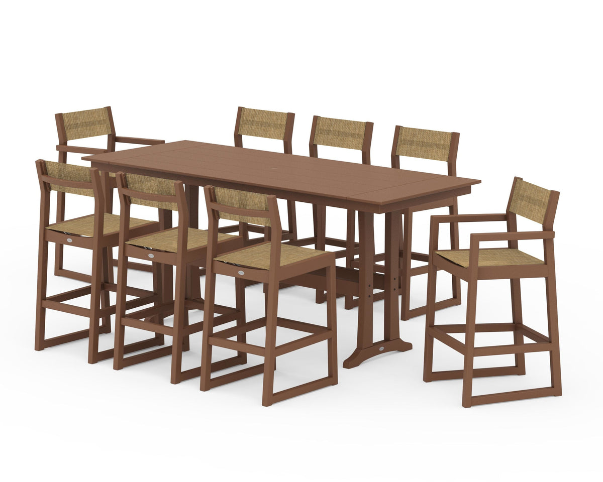POLYWOOD EDGE Sling 9-Piece Farmhouse Bar Set with Trestle Legs in Teak / Burlap