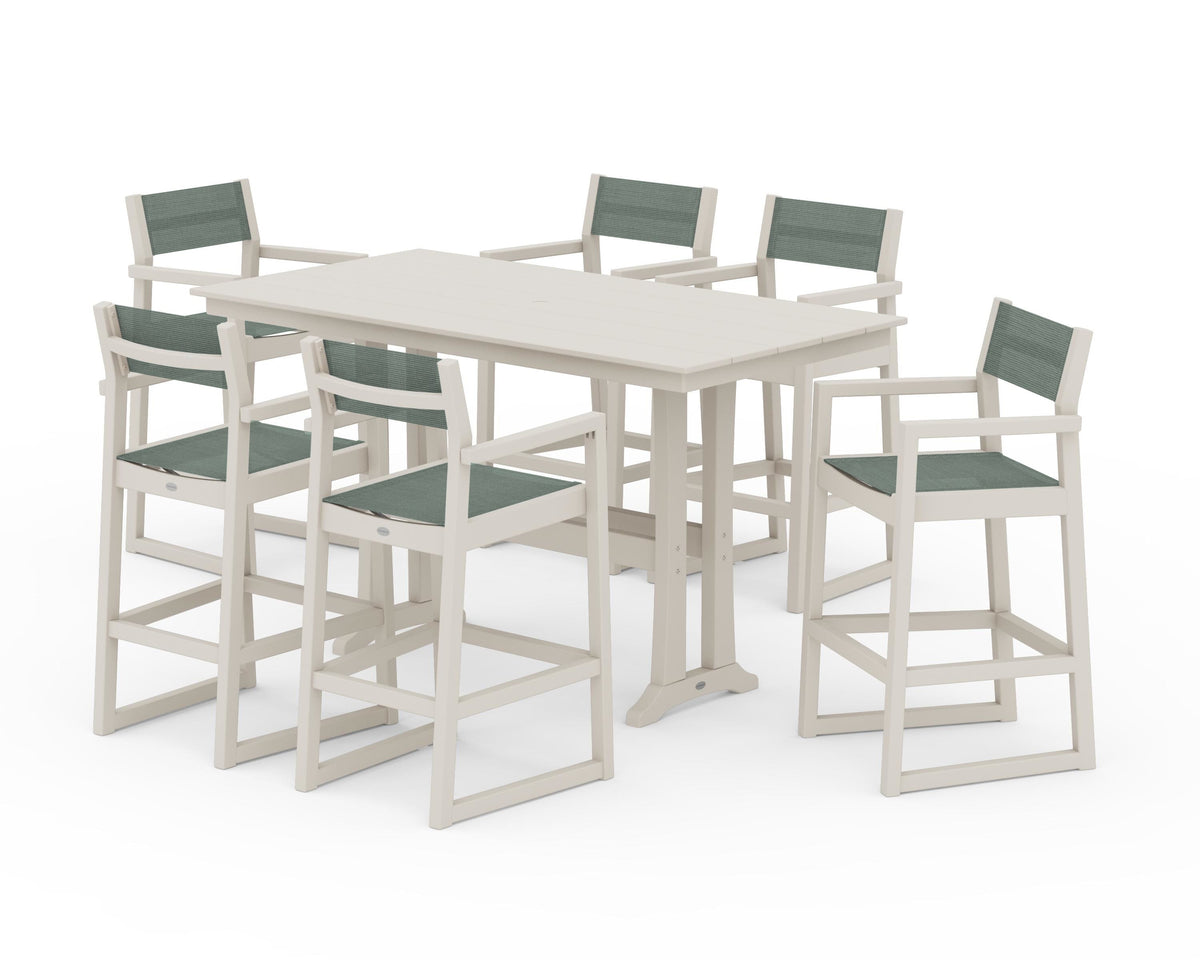 POLYWOOD EDGE Sling Arm Chair 7-Piece Farmhouse Bar Set with Trestle Legs in Sand / Dupioni Sea Mist