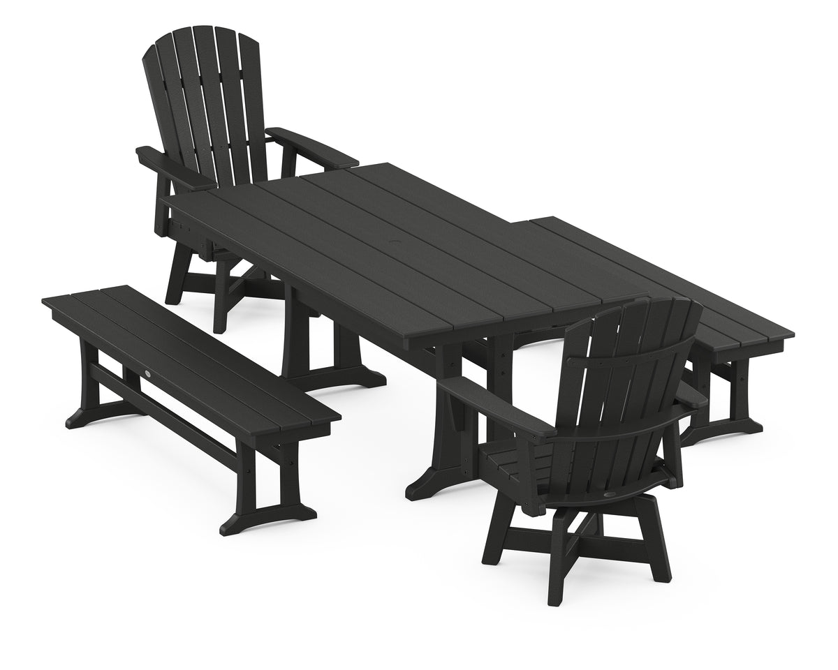 POLYWOOD Nautical Curveback Adirondack Swivel Chair 5-Piece Farmhouse Dining Set with Trestle Legs and Benches in Black