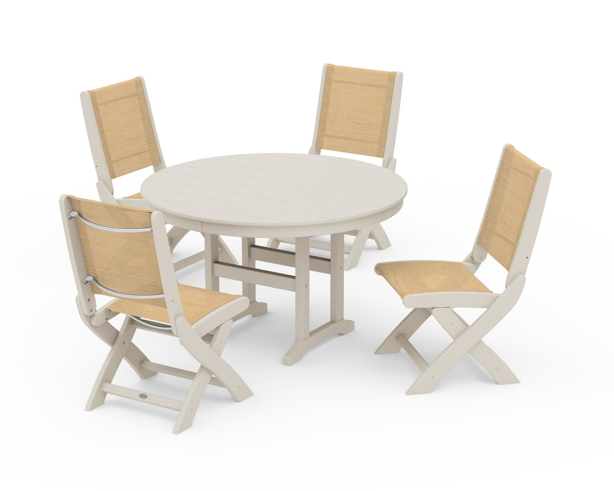 POLYWOOD Coastal Folding Side Chair 5-Piece Round Dining Set in Sand / Dupioni Apricot