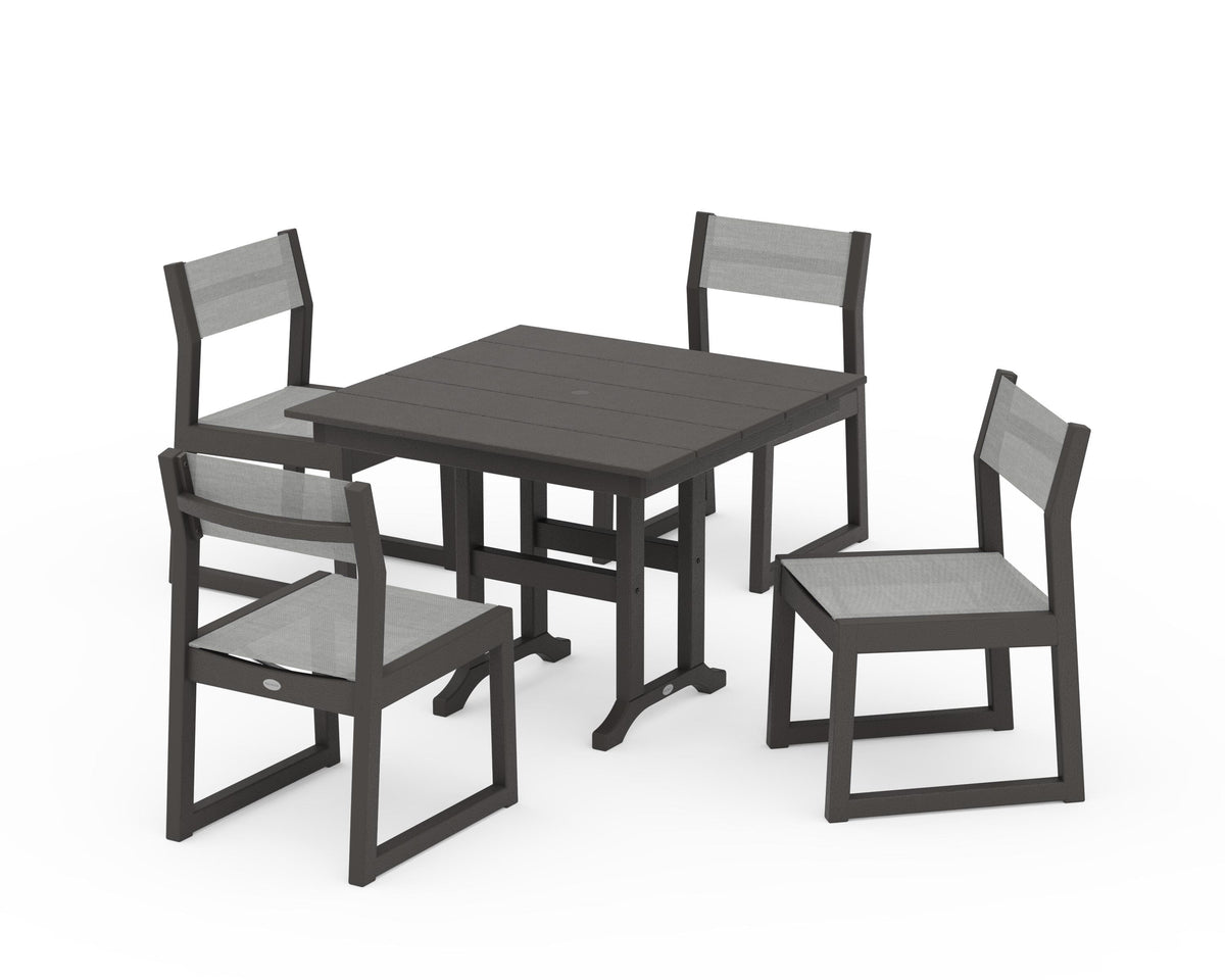 POLYWOOD EDGE Sling Side Chair 5-Piece Farmhouse Dining Set in Vintage Coffee / Metallic