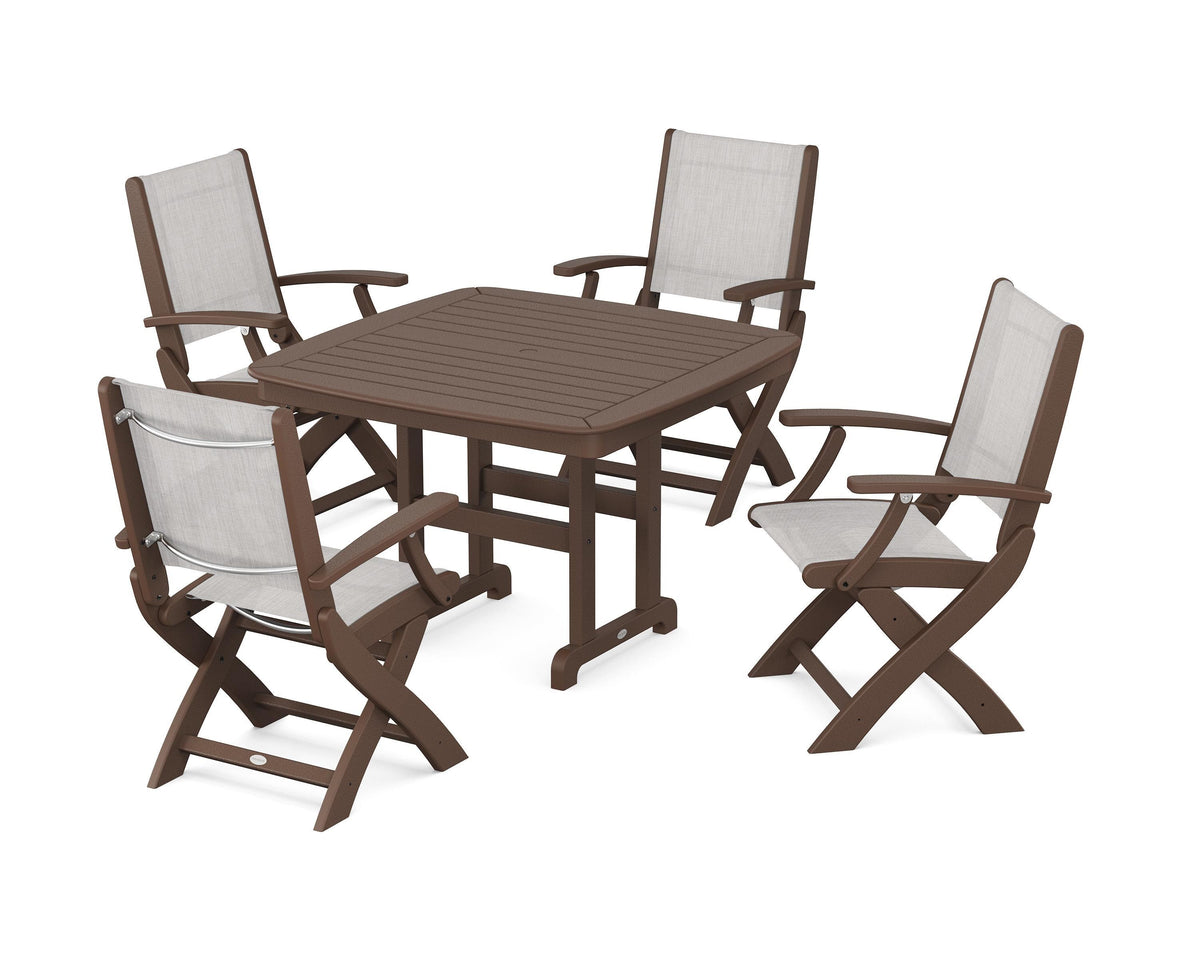POLYWOOD Coastal Folding Chair 5-Piece Dining Set with Nautical 44" Dining Table in Mahogany / Parchment