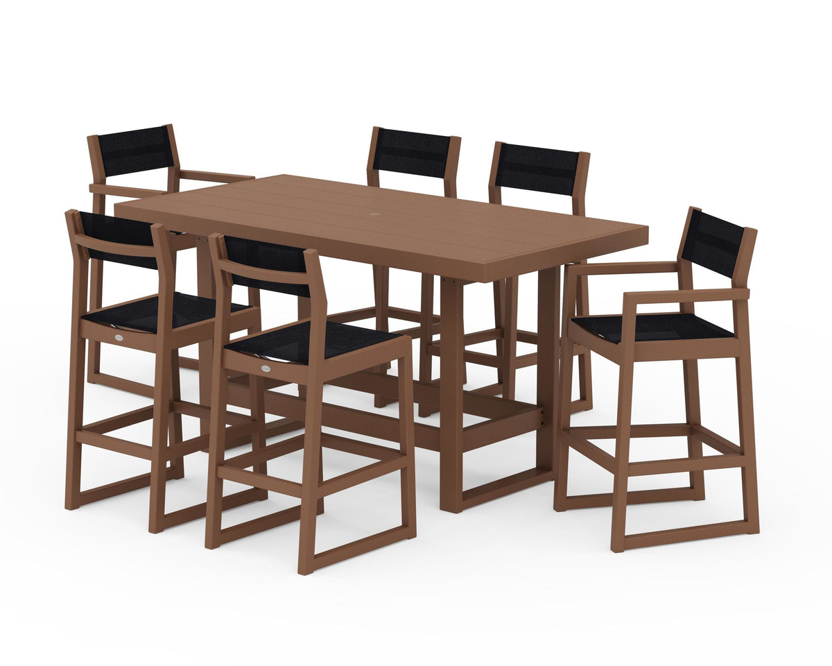 POLYWOOD EDGE Sling 7-Piece Bar Table Set in Teak / Black