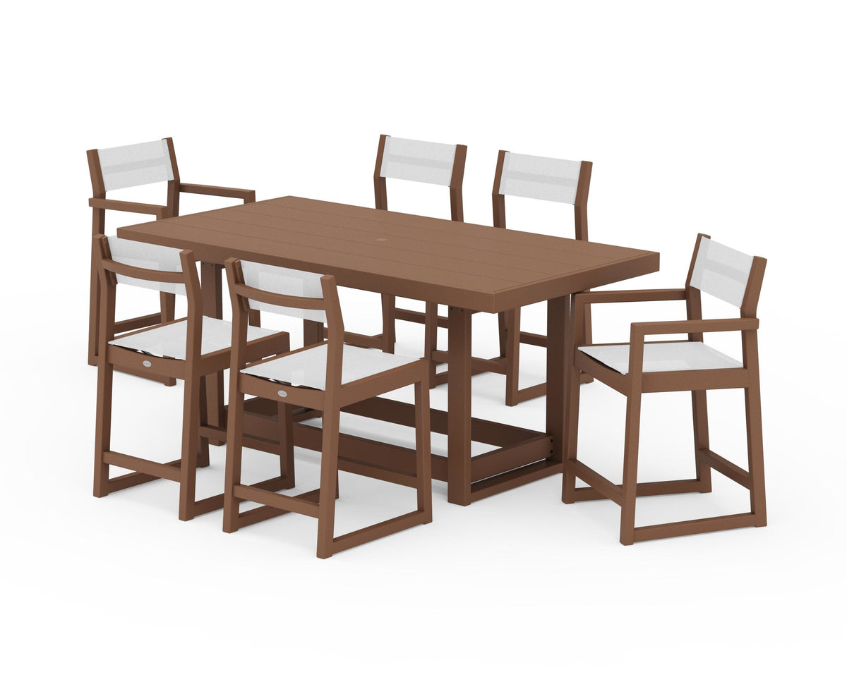 POLYWOOD EDGE Sling 7-Piece Counter Table Set in Teak / White