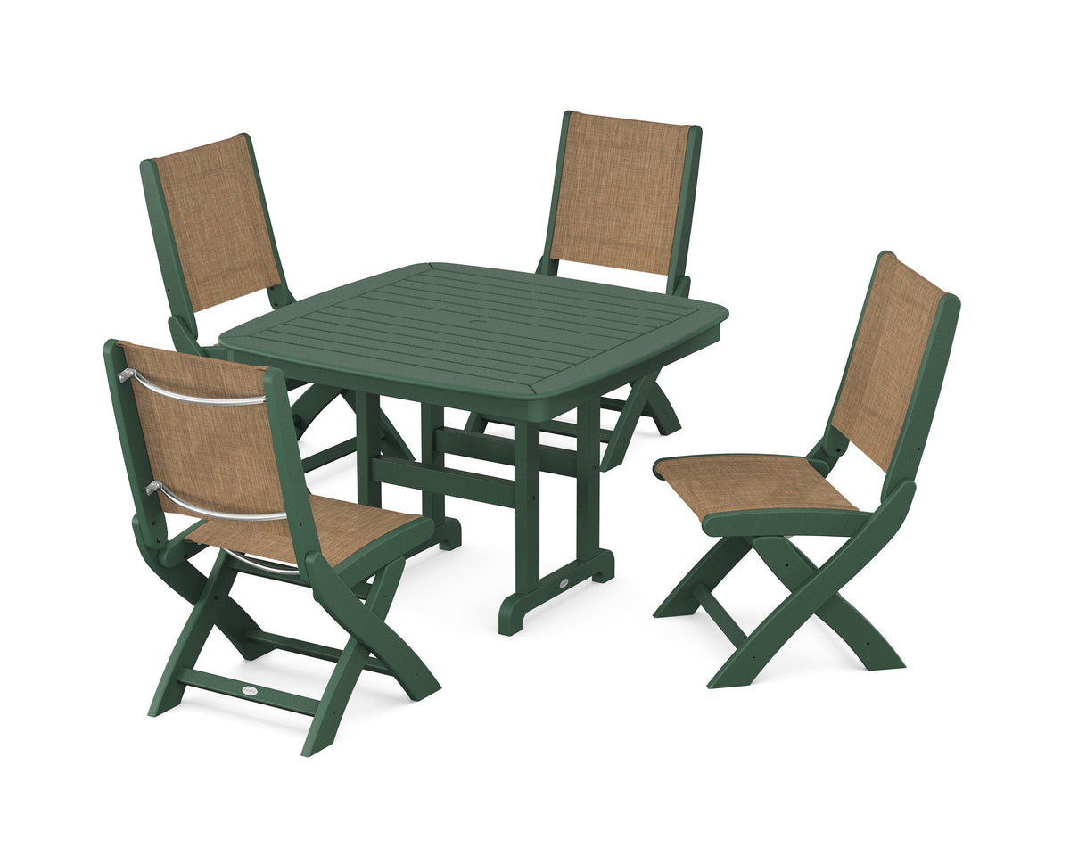POLYWOOD Coastal Folding Side Chair 5-Piece Dining Set with Nautical 44" Dining Table in Green / Burlap