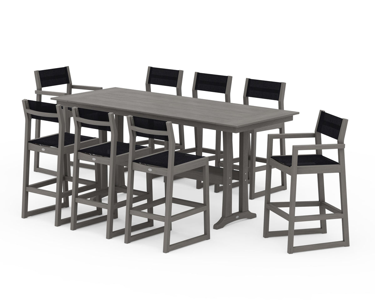 POLYWOOD EDGE Sling 9-Piece Farmhouse Bar Set with Trestle Legs in Driftwood / Black