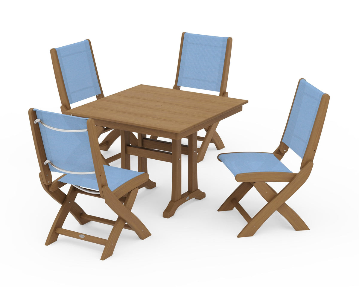 POLYWOOD Coastal Folding Side Chair 5-Piece Farmhouse Dining Set With Trestle Legs in Natural / Poolside