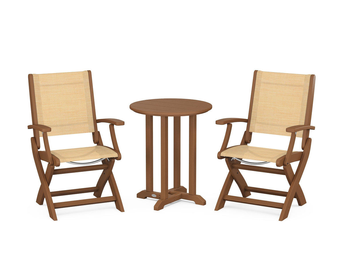 POLYWOOD Coastal Folding 3-Piece Round Bistro Dining Set in Teak / Dupioni Apricot