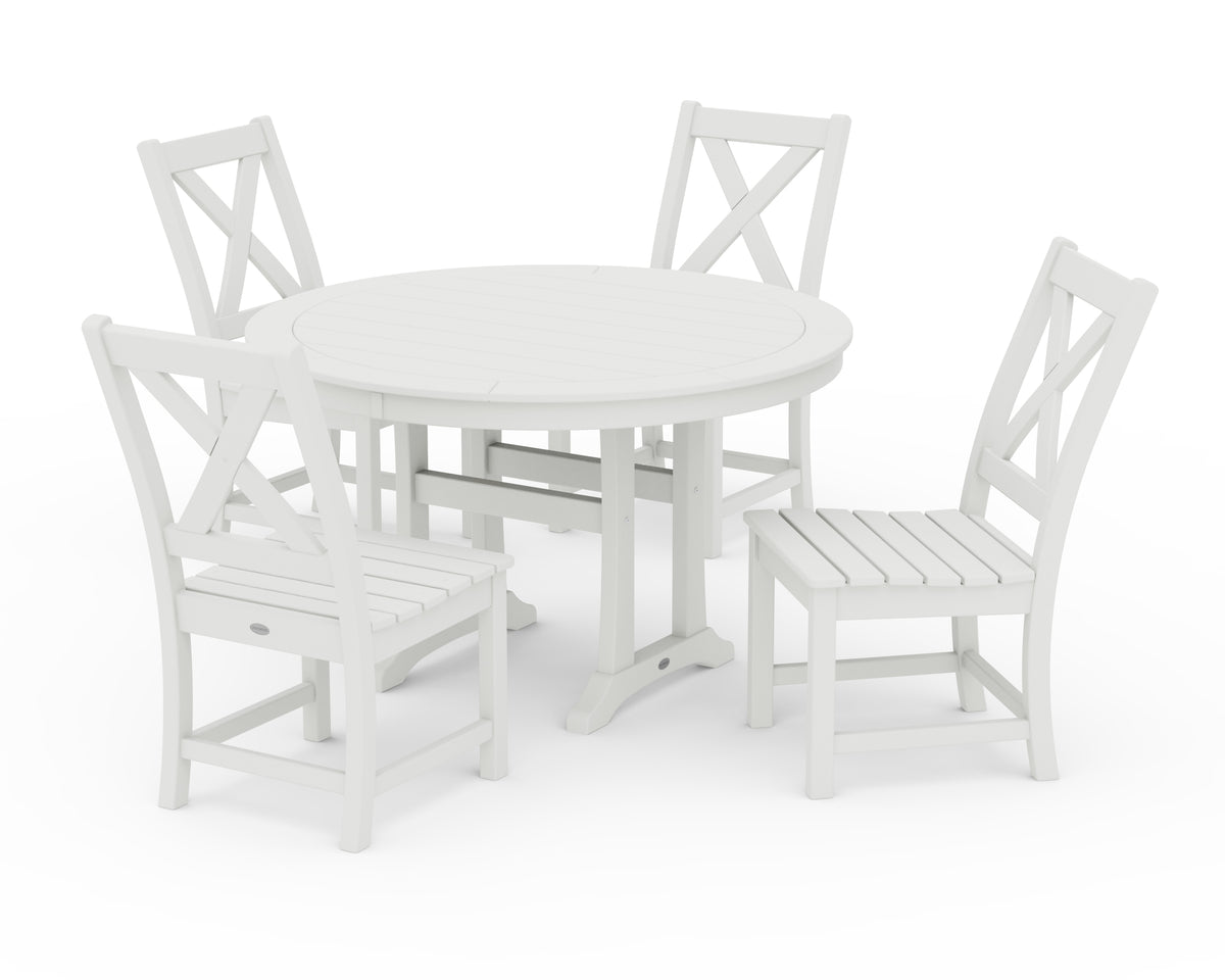 POLYWOOD Braxton Side Chair 5-Piece Round Dining Set with Trestle Legs in Vintage White