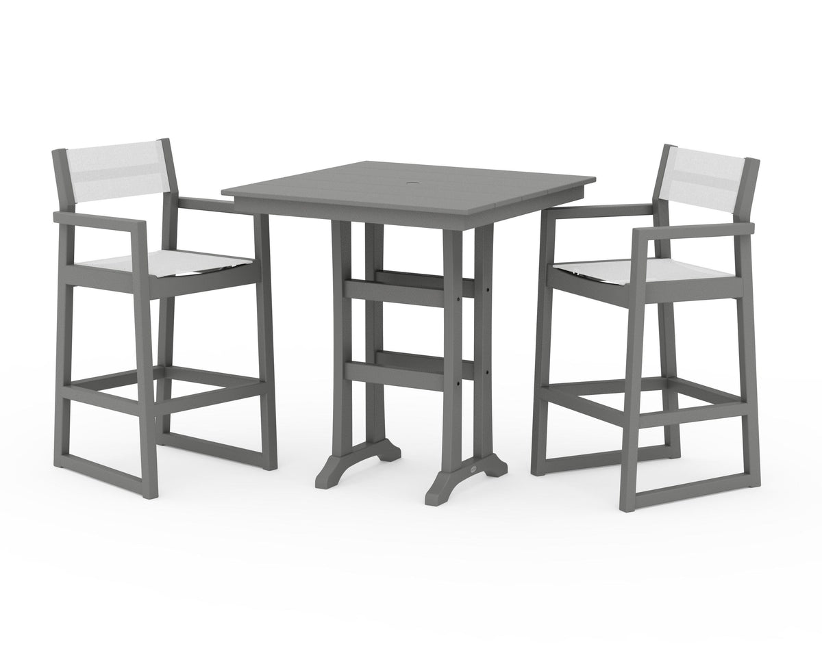 POLYWOOD EDGE Sling Arm Chair 3-Piece Farmhouse Bar Set with Trestle Legs in Slate Grey / White