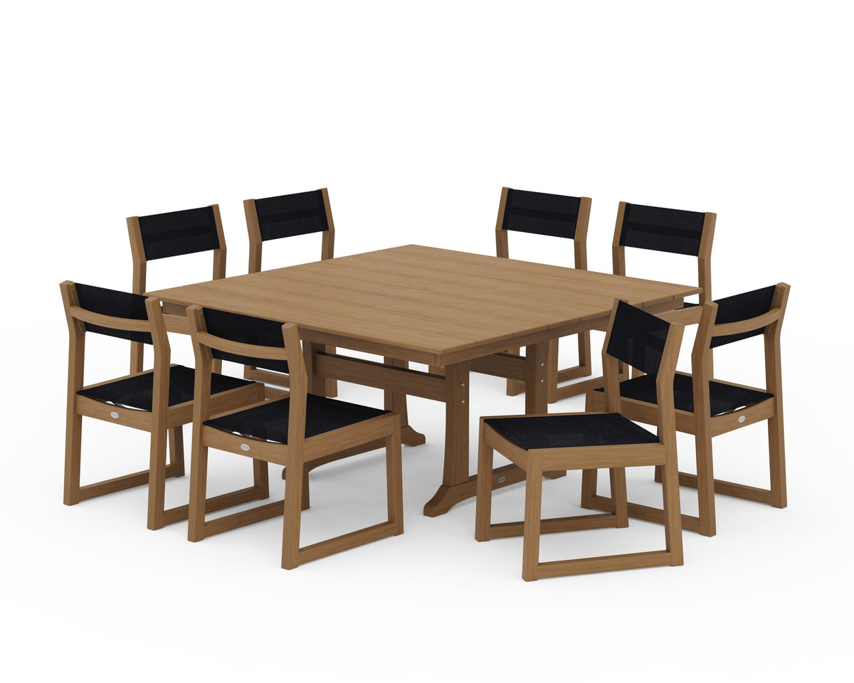 POLYWOOD EDGE Sling Side Chair 9-Piece Farmhouse Trestle Dining Set in Natural / Black