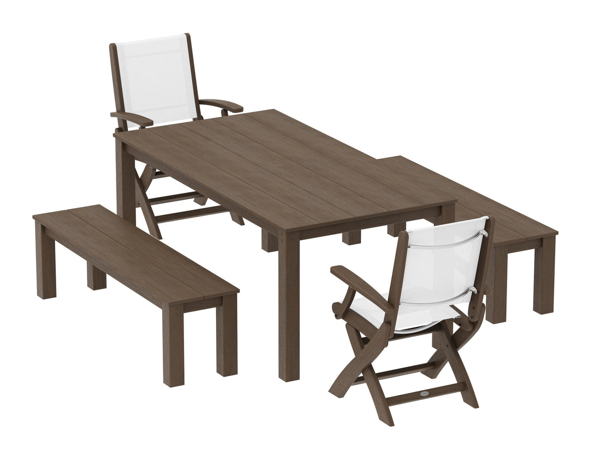 POLYWOOD Coastal Folding Chair 5-Piece Parsons Dining Set with Benches in Kona / White