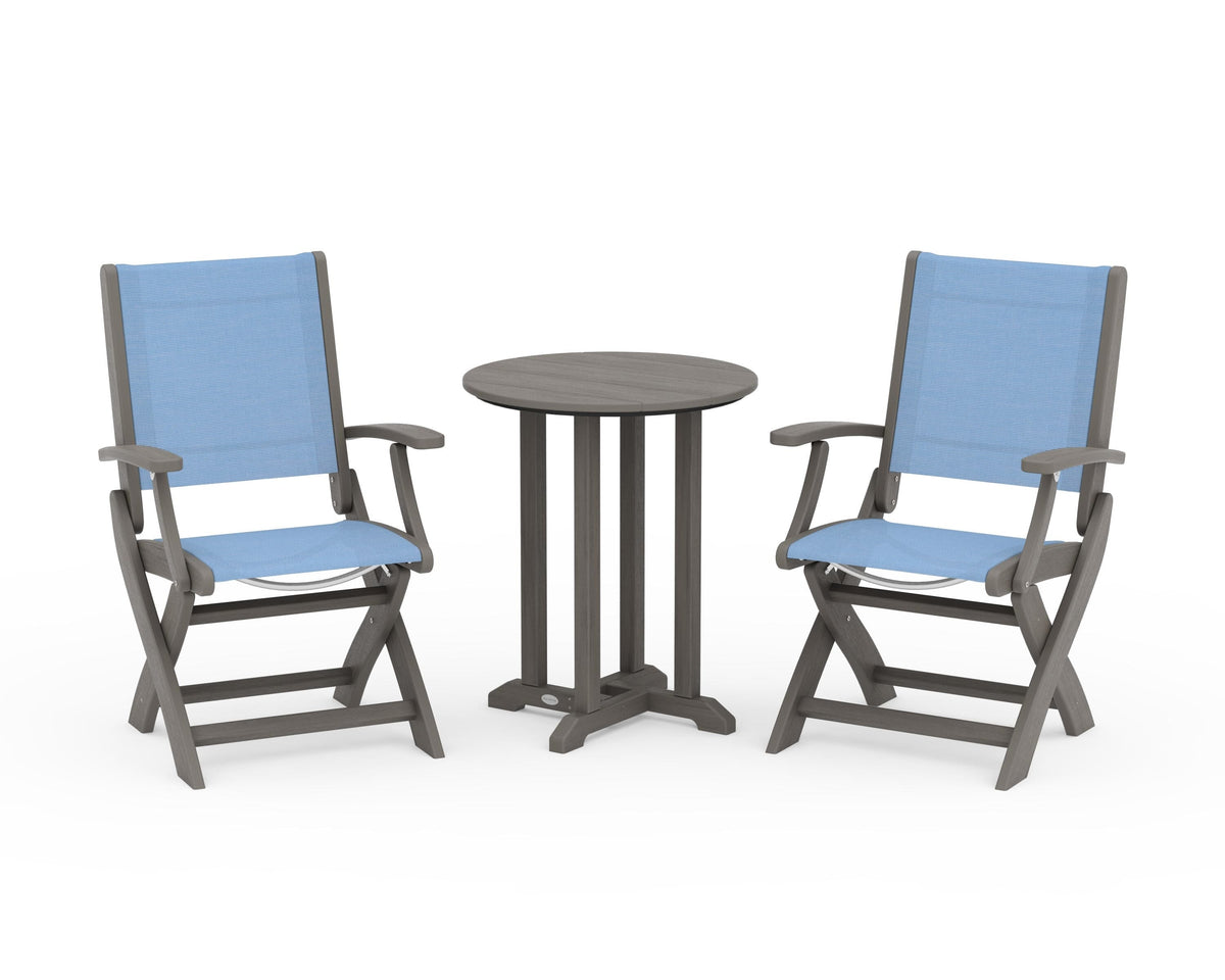 POLYWOOD Coastal Folding 3-Piece Round Bistro Dining Set in Driftwood / Poolside