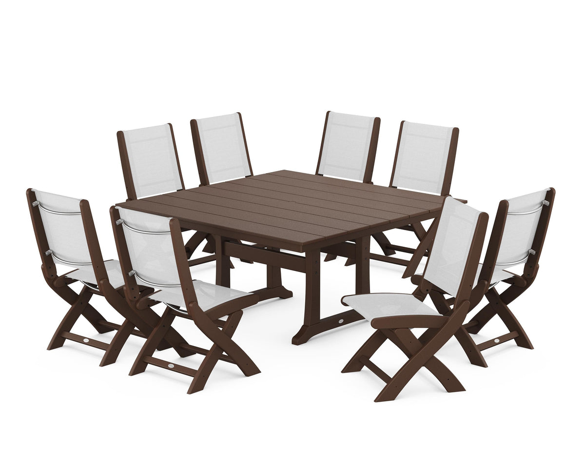 POLYWOOD Coastal Folding Side Chair 9-Piece Farmhouse Dining Set in Mahogany / White