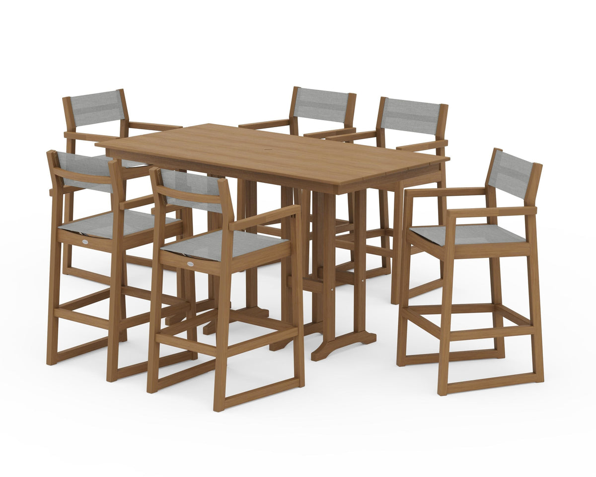 POLYWOOD EDGE Sling Arm Chair 7-Piece Farmhouse Bar Set in Natural / Metallic
