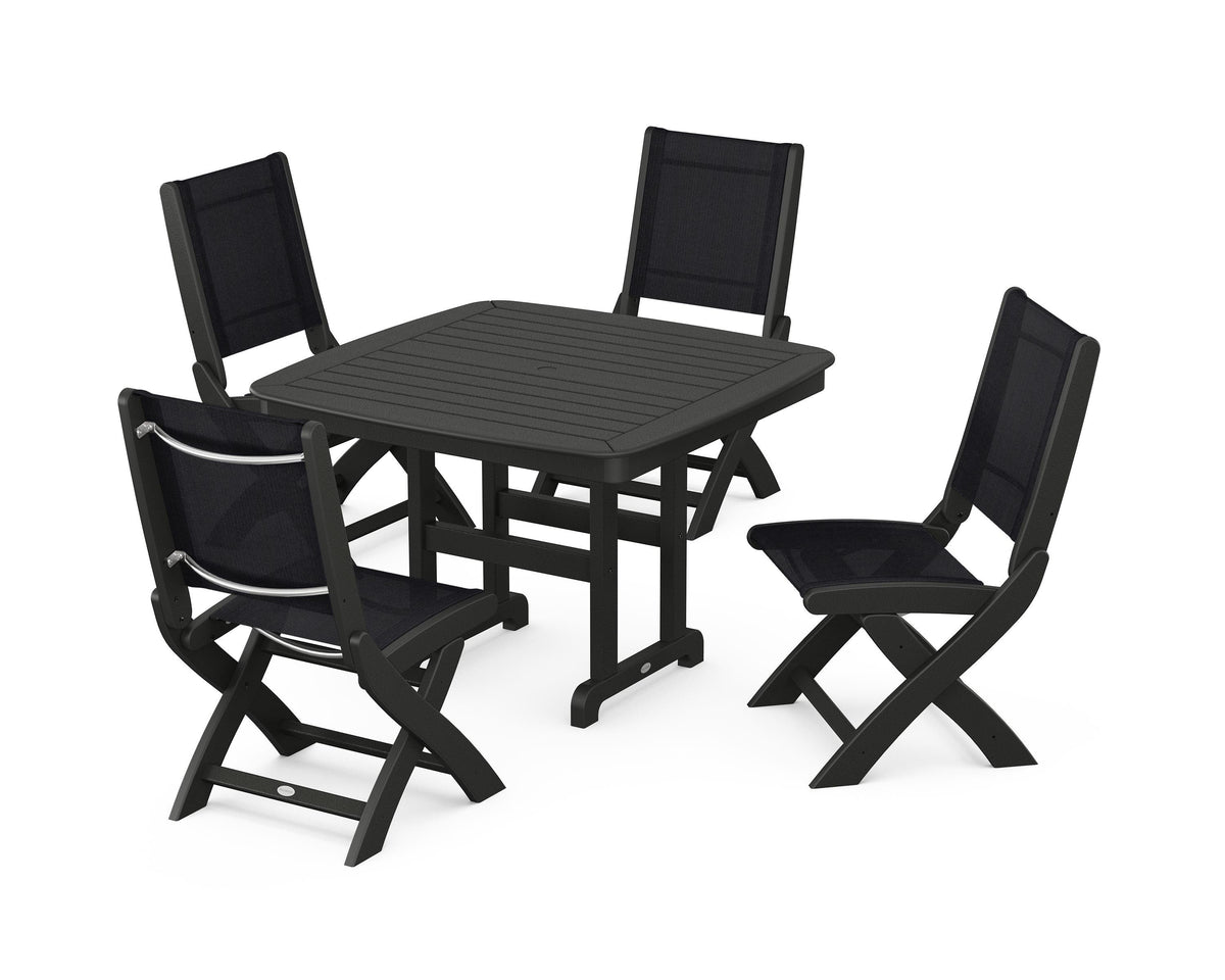 POLYWOOD Coastal Folding Side Chair 5-Piece Dining Set with Nautical 44" Dining Table in Black / Black