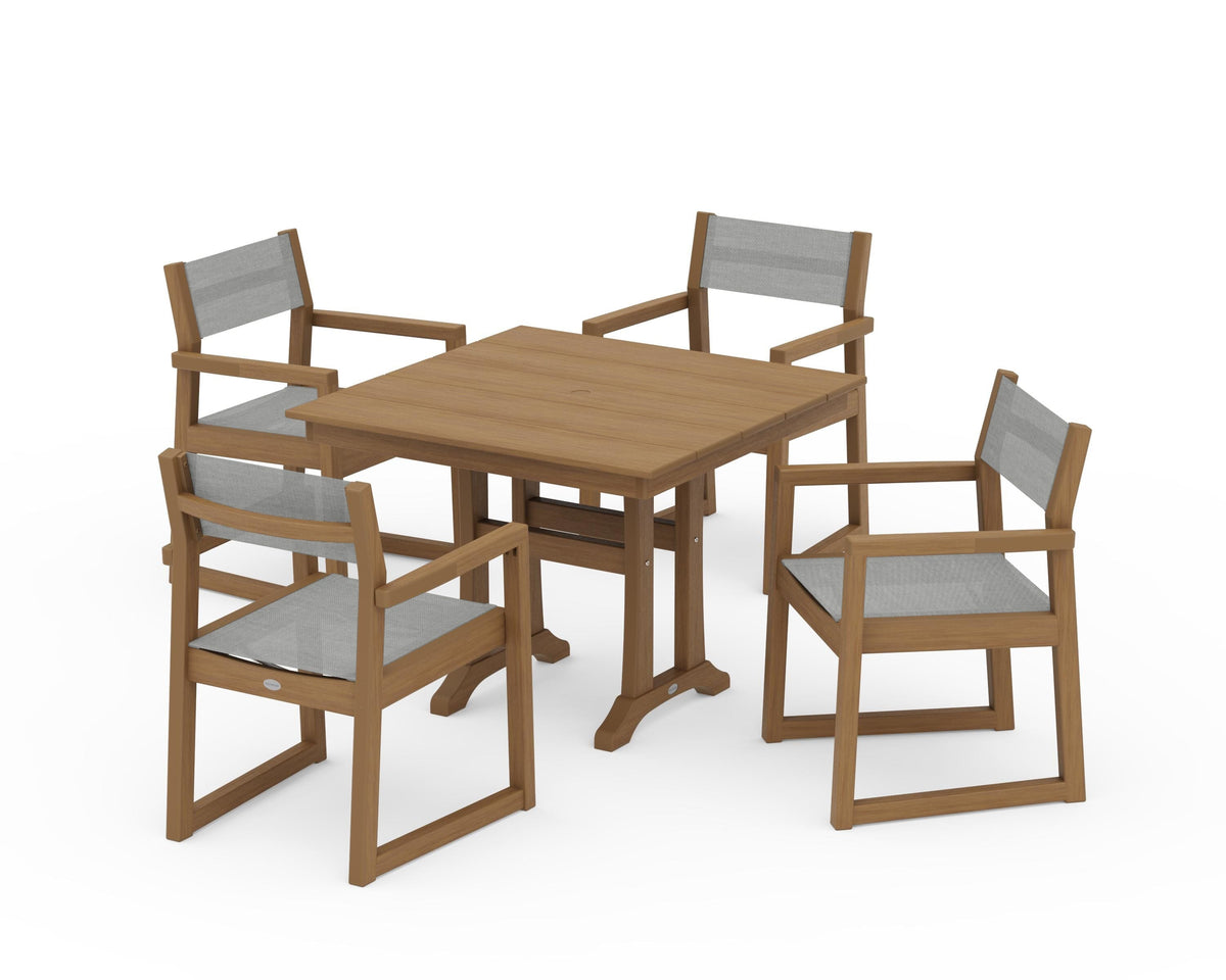 POLYWOOD EDGE Sling 5-Piece Farmhouse Dining Set with Trestle Legs in Natural / Metallic
