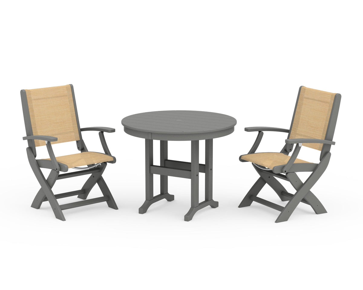 POLYWOOD Coastal Folding Chair 3-Piece Round Dining Set in Slate Grey / Dupioni Apricot
