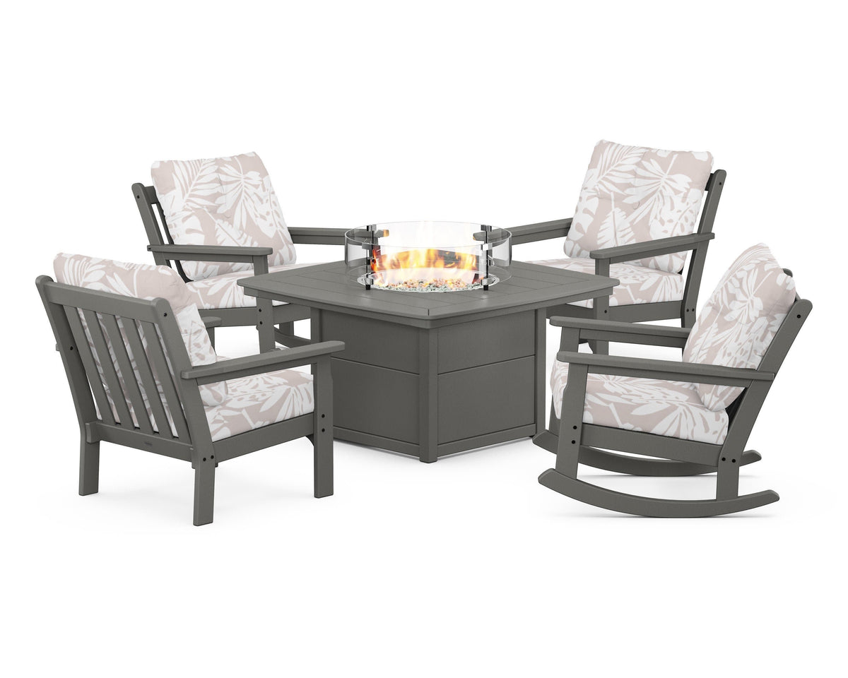 POLYWOOD Vineyard 5-Piece Deep Seating Rocking Chair Conversation Set with Fire Pit Table in Slate Grey / Leaf Dune Burlap