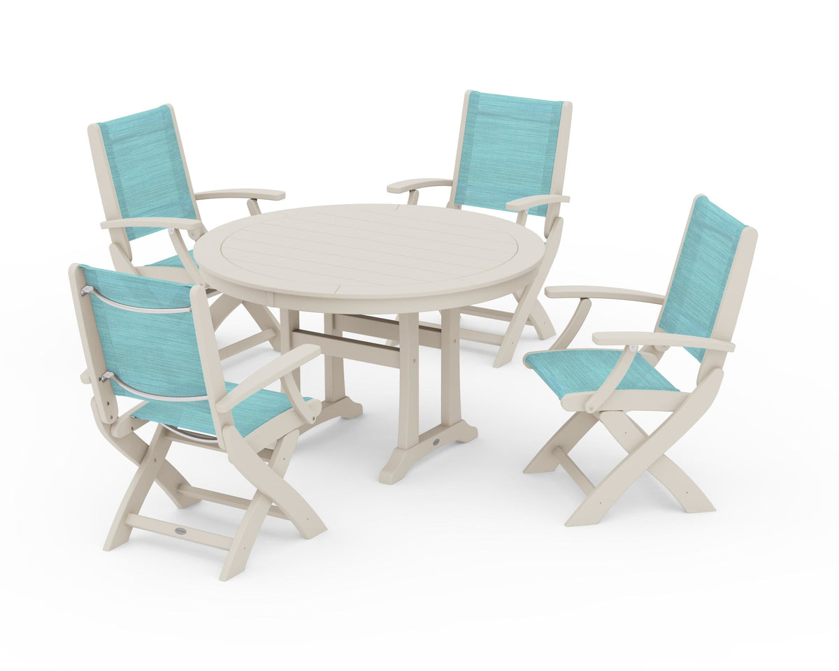POLYWOOD Coastal Folding Chair 5-Piece Round Dining Set with Trestle Legs in Sand / Dupioni Aquamarine