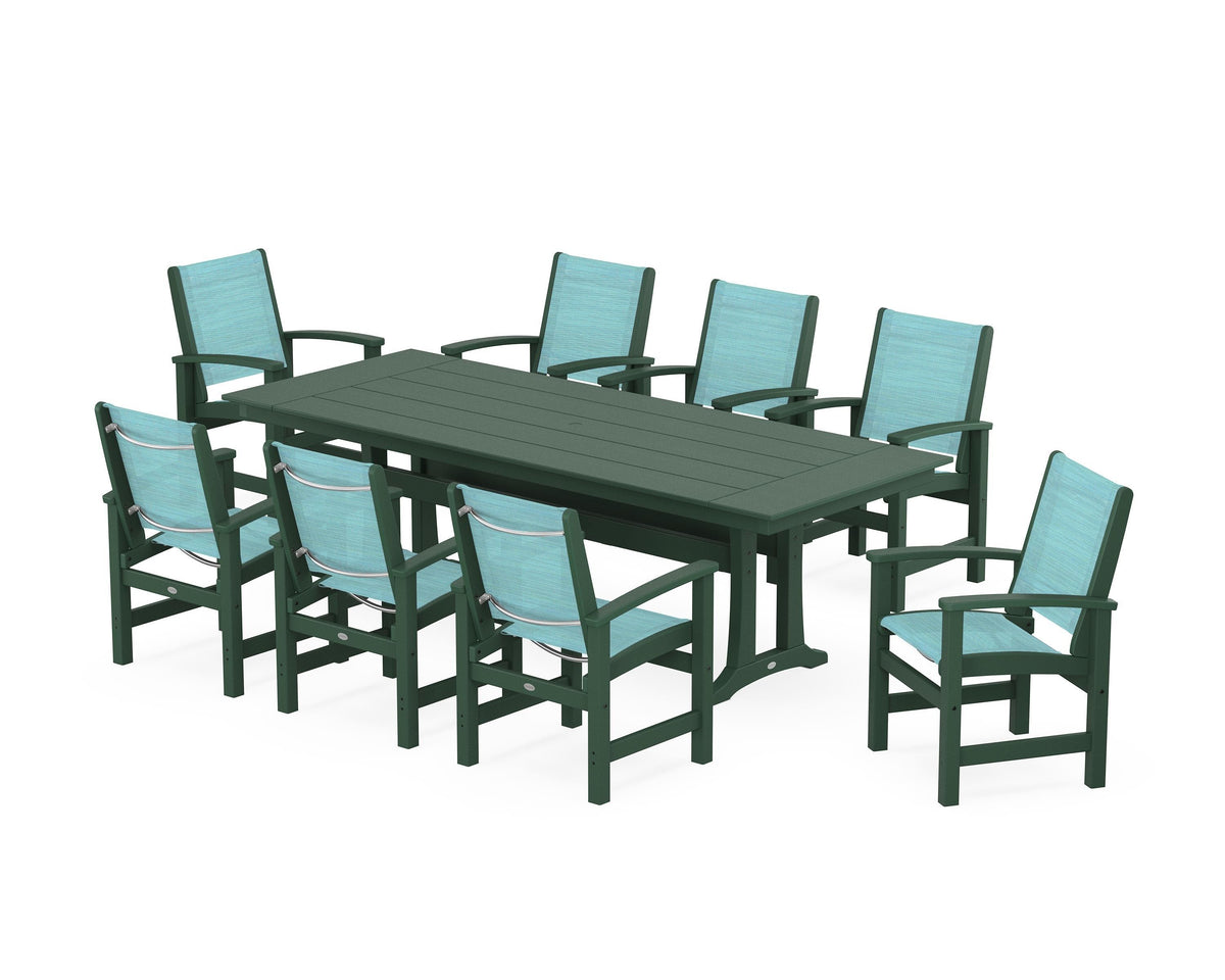 POLYWOOD Coastal 9-Piece Farmhouse Dining Set with Trestle Legs in Green / Dupioni Aquamarine
