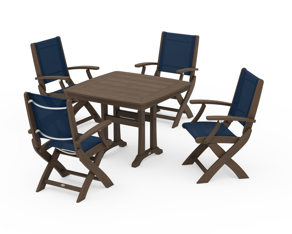 POLYWOOD Coastal Folding Chair 5-Piece Dining Set with Trestle Legs in Kona / Navy Blue