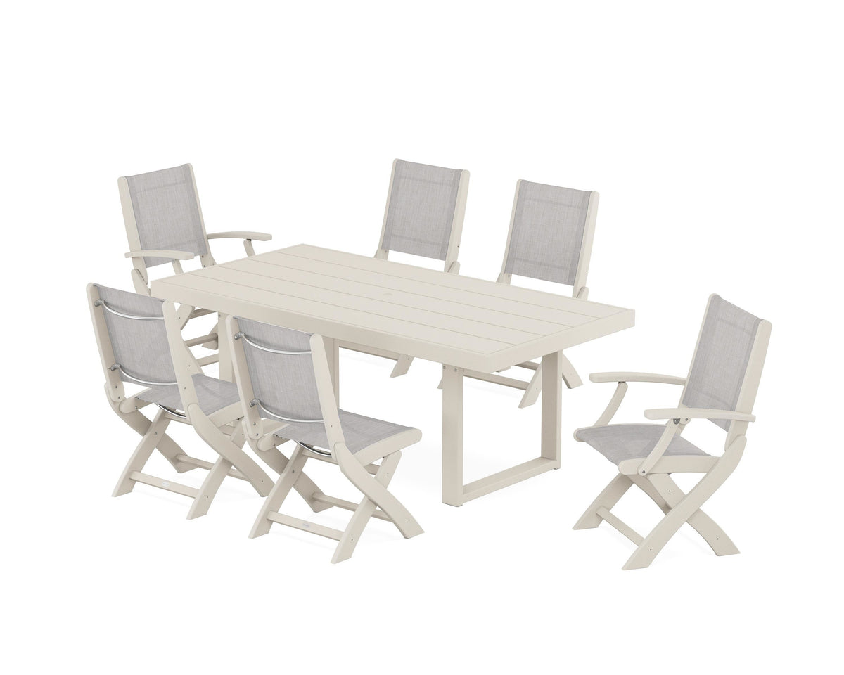 POLYWOOD Coastal Folding Chair 7-Piece Dining Set with Trestle Legs with EDGE 40" x 78" Dining Table in Sand / Parchment