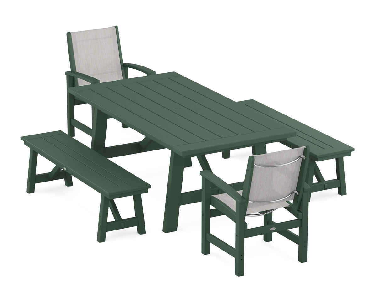 POLYWOOD Coastal 5-Piece Rustic Farmhouse Dining Set With Benches in Green / Parchment