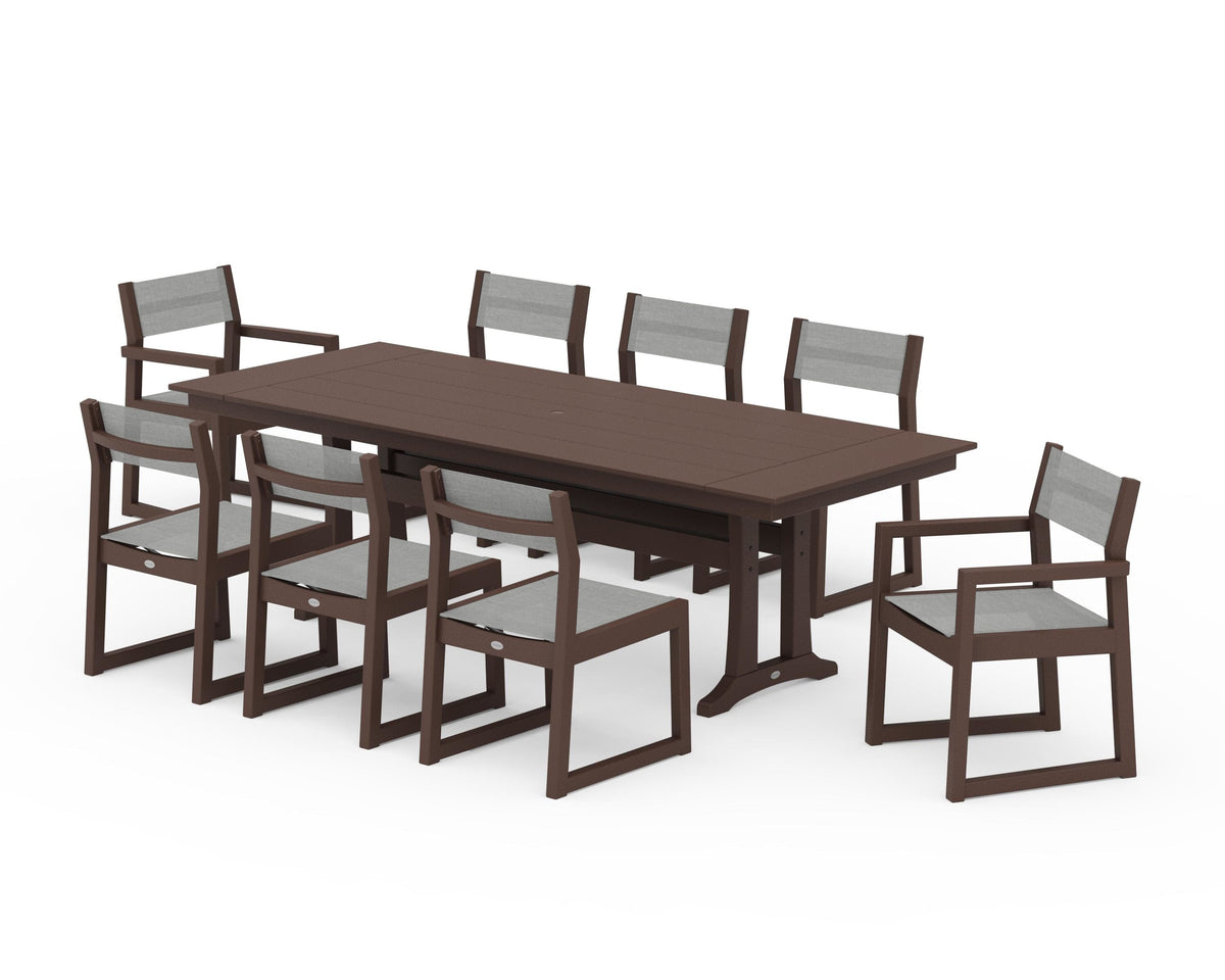 POLYWOOD EDGE Sling 9-Piece Farmhouse Trestle Dining Set in Mahogany / Metallic