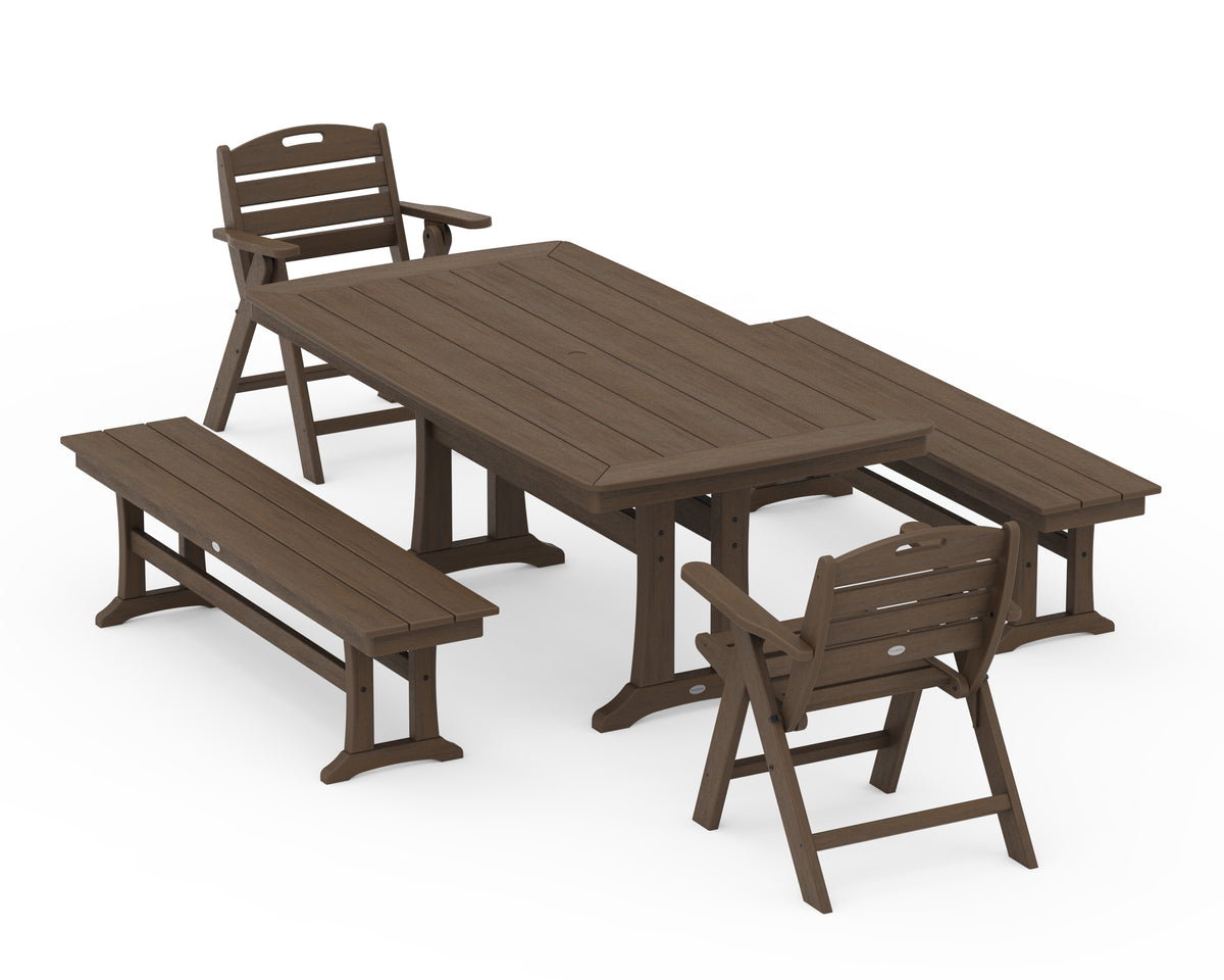 POLYWOOD Nautical Folding Lowback Chair 5-Piece Dining Set with Trestle Legs and Benches in Kona
