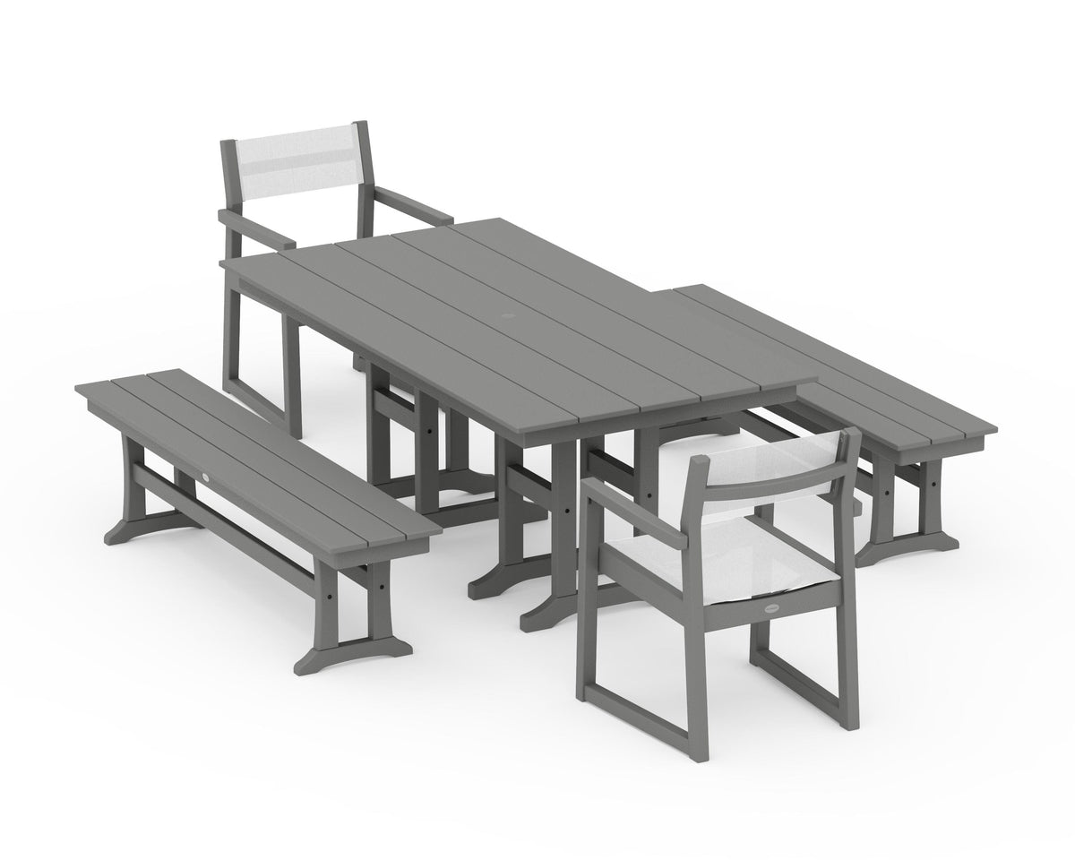 POLYWOOD EDGE Sling Arm Chair 5-Piece Farmhouse Dining Set with Benches in Slate Grey / White