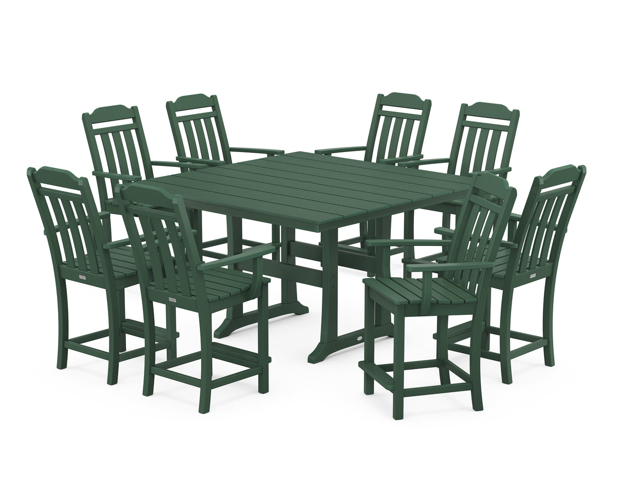POLYWOOD Country Living Cottage 9-Piece Square Farmhouse Counter Set with Trestle Legs in Green