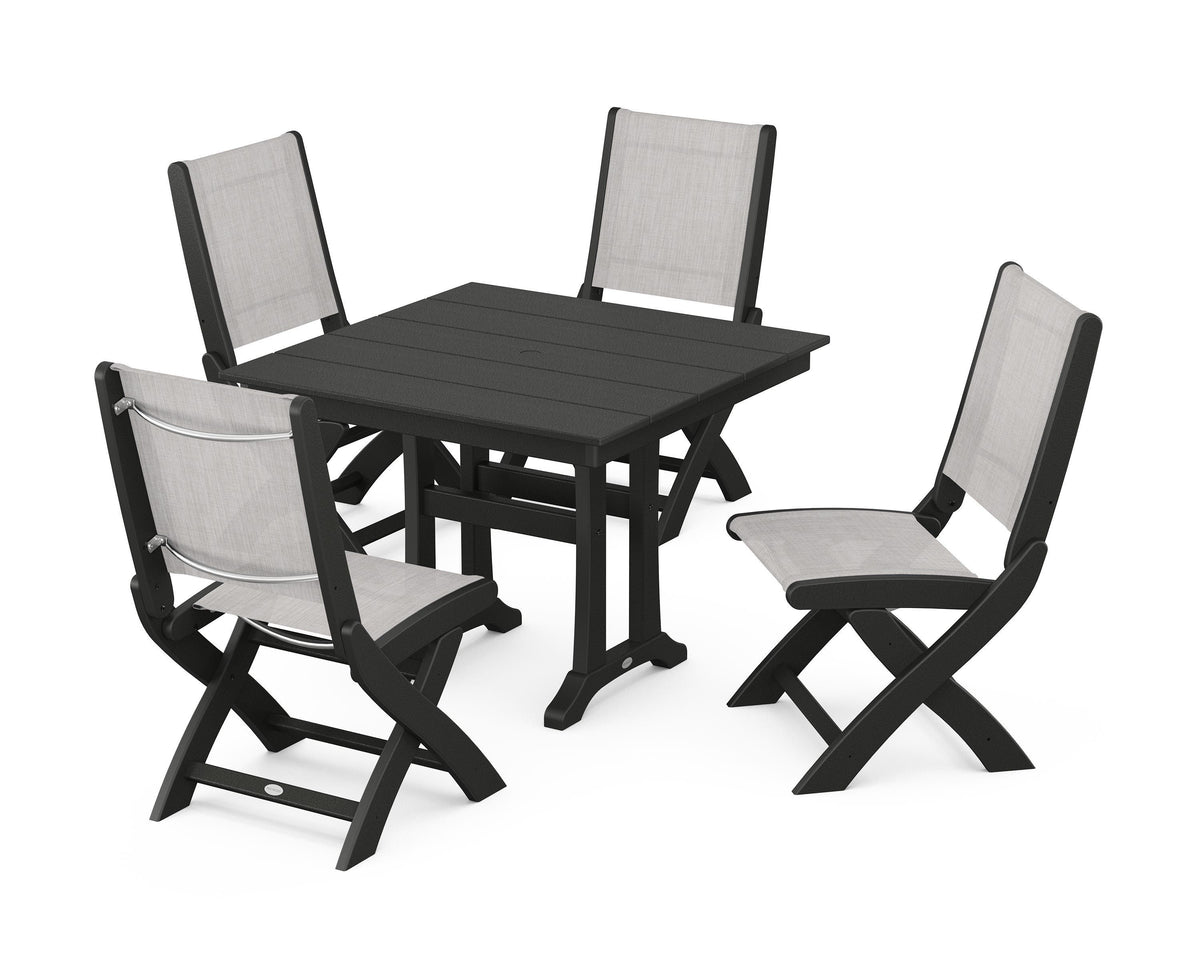 POLYWOOD Coastal Folding Side Chair 5-Piece Farmhouse Dining Set With Trestle Legs in Black / Parchment