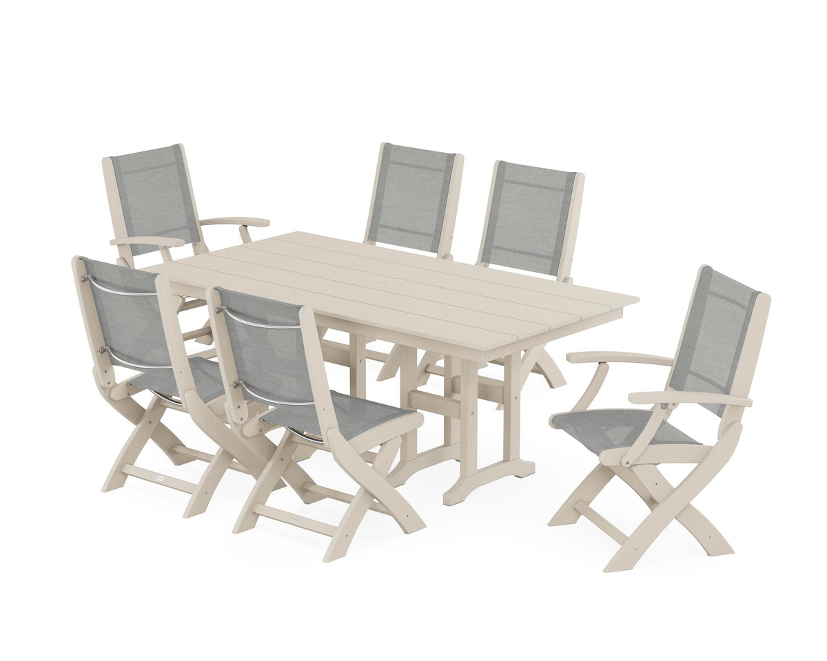 POLYWOOD Coastal Folding Chair 7-Piece Farmhouse Dining Set in Sand / Metallic