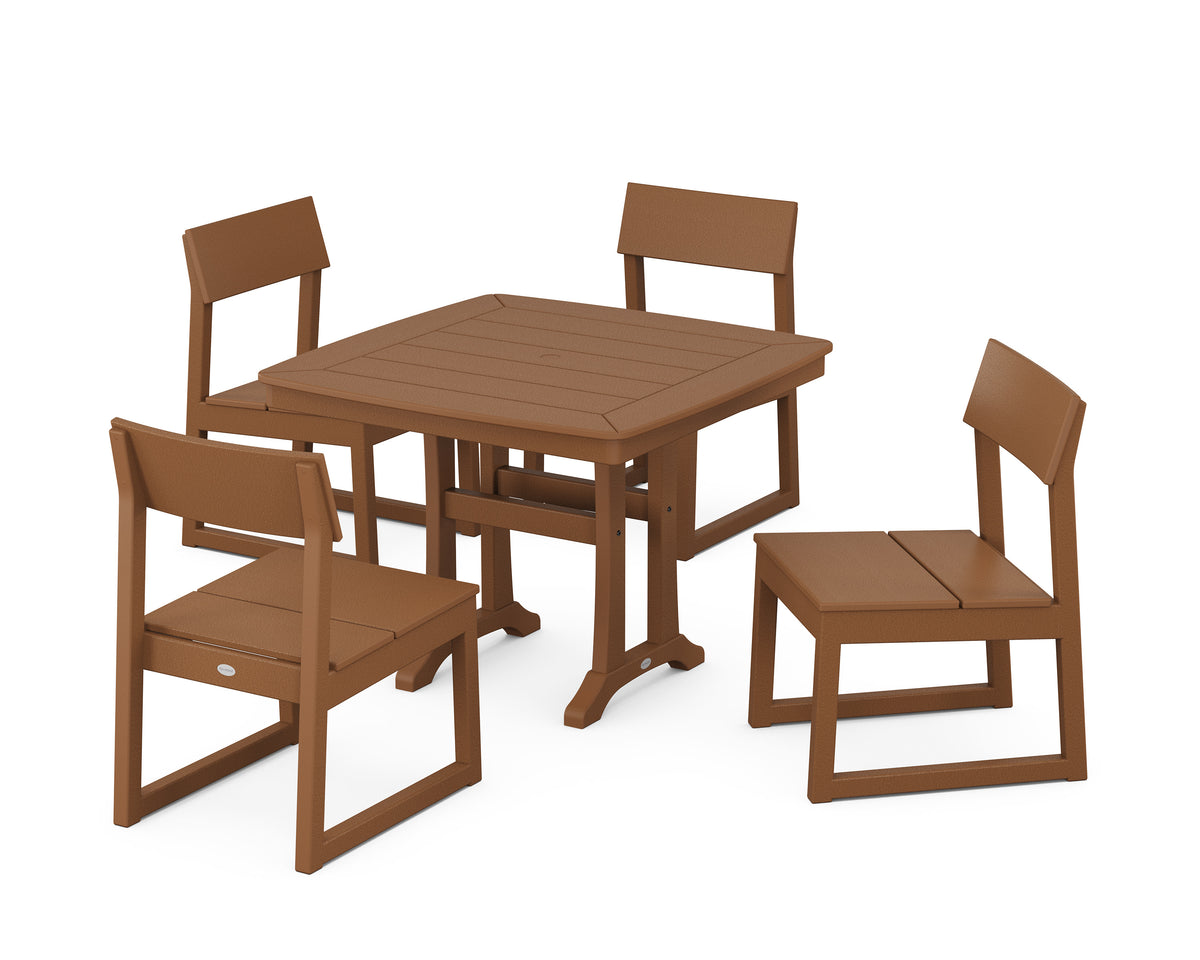 POLYWOOD EDGE Side Chair 5-Piece Dining Set with Trestle Legs (Nautical Trestle 37" Table) in Teak