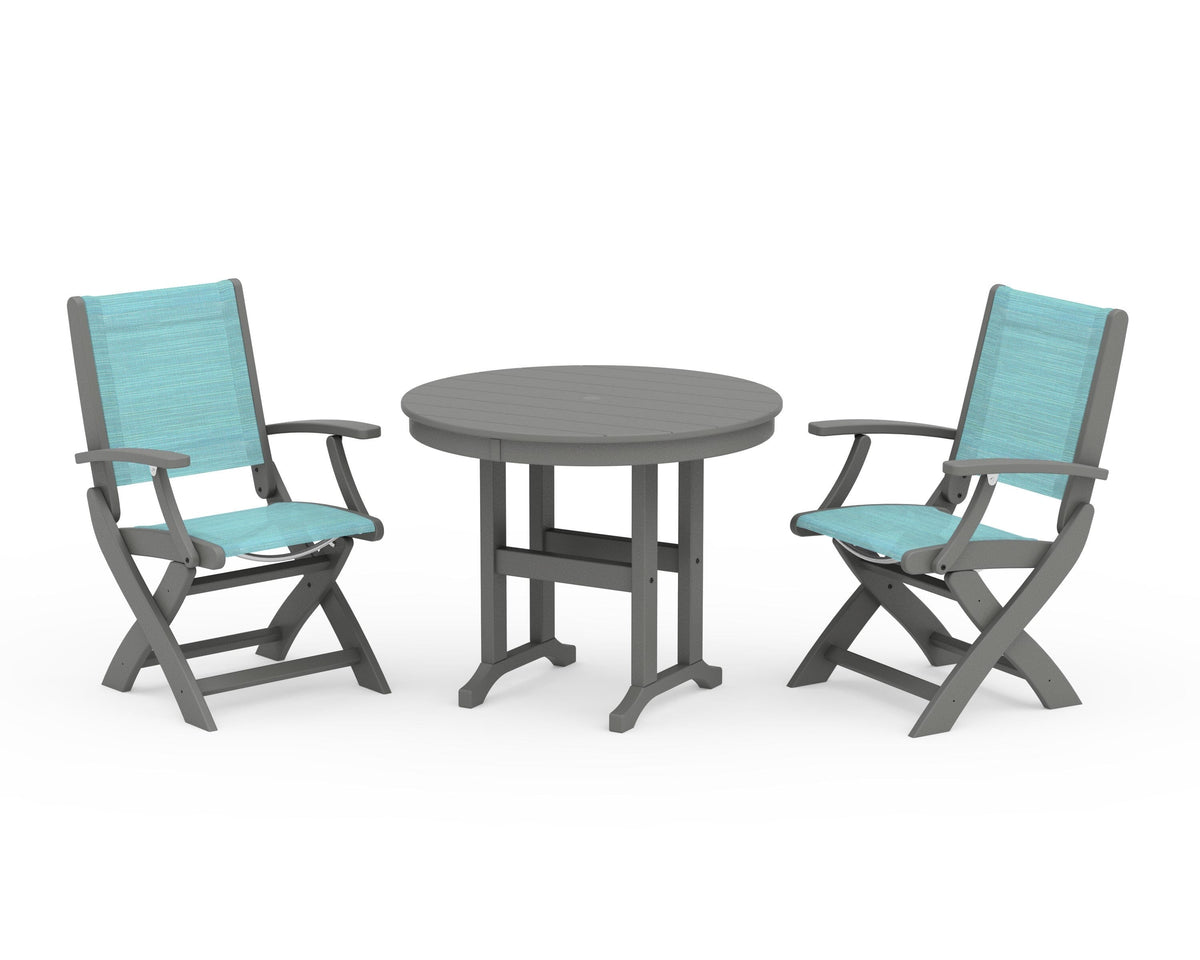 POLYWOOD Coastal Folding Chair 3-Piece Round Dining Set in Slate Grey / Dupioni Aquamarine