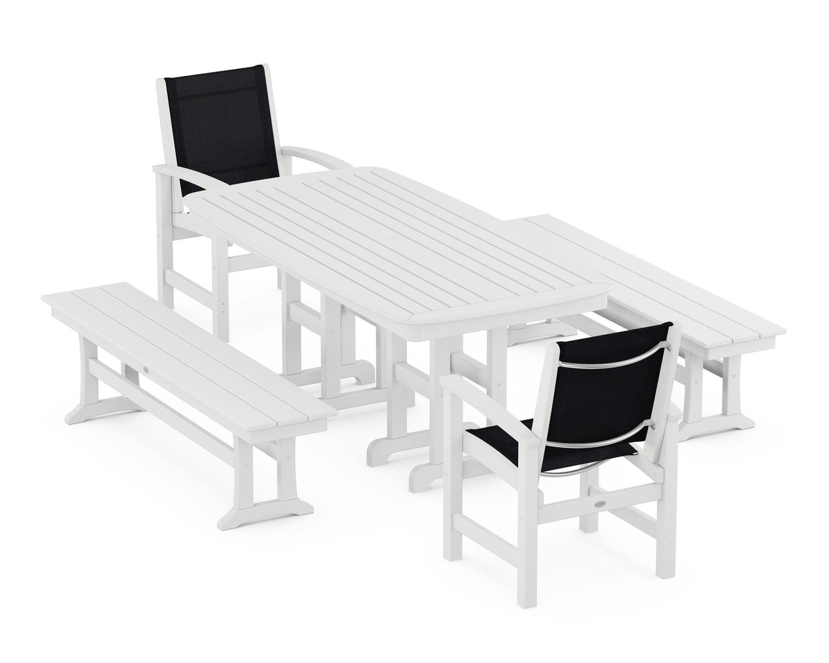 POLYWOOD Coastal 5-Piece Dining Set with Nautical 37" x 72" Dining Table in White / Black