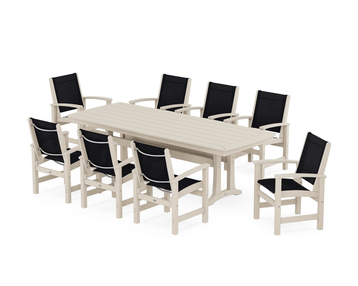 POLYWOOD Coastal 9-Piece Dining Set with Trestle Legs in Sand / Black