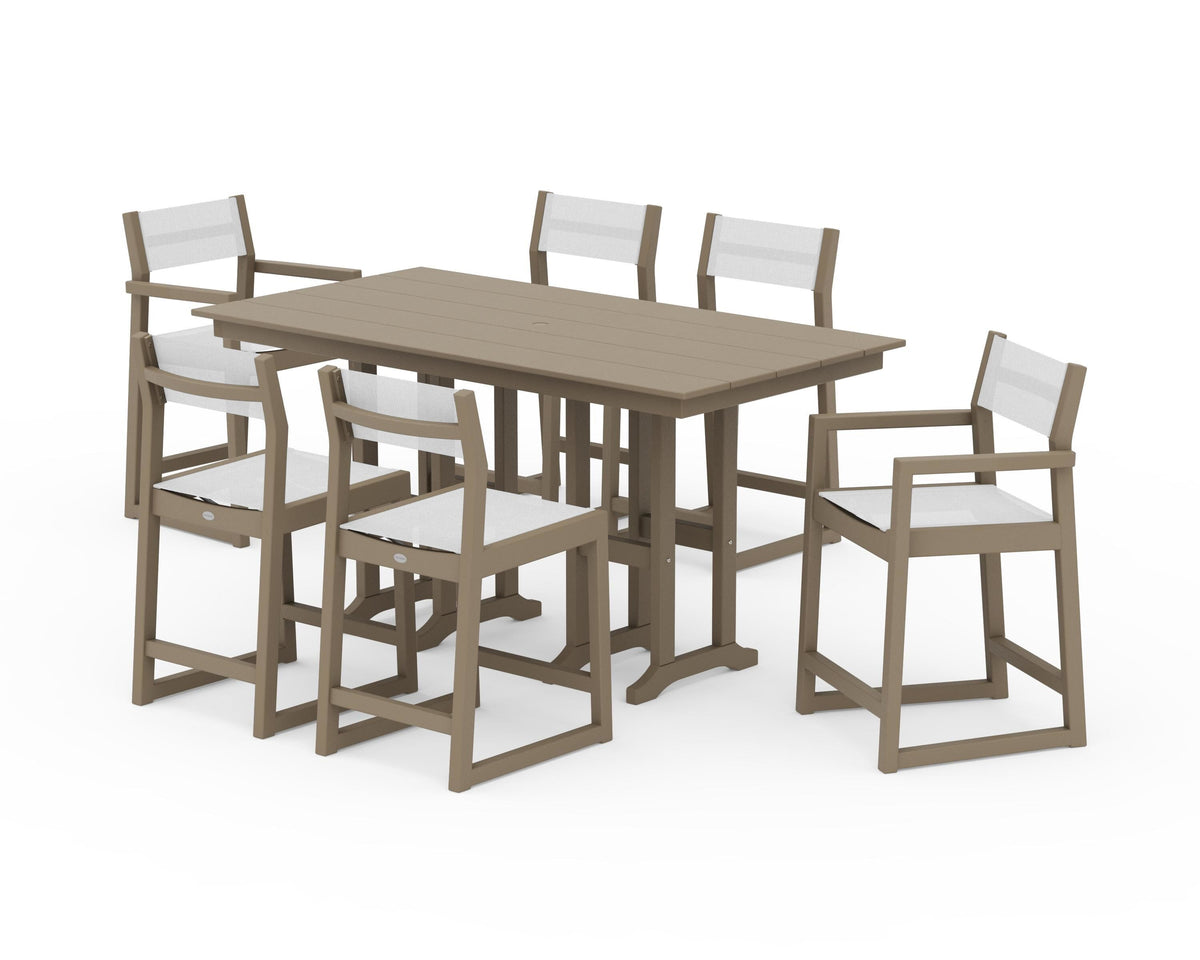 POLYWOOD EDGE Sling 7-Piece Farmhouse Counter Set with Trestle Legs in Vintage Sahara / White